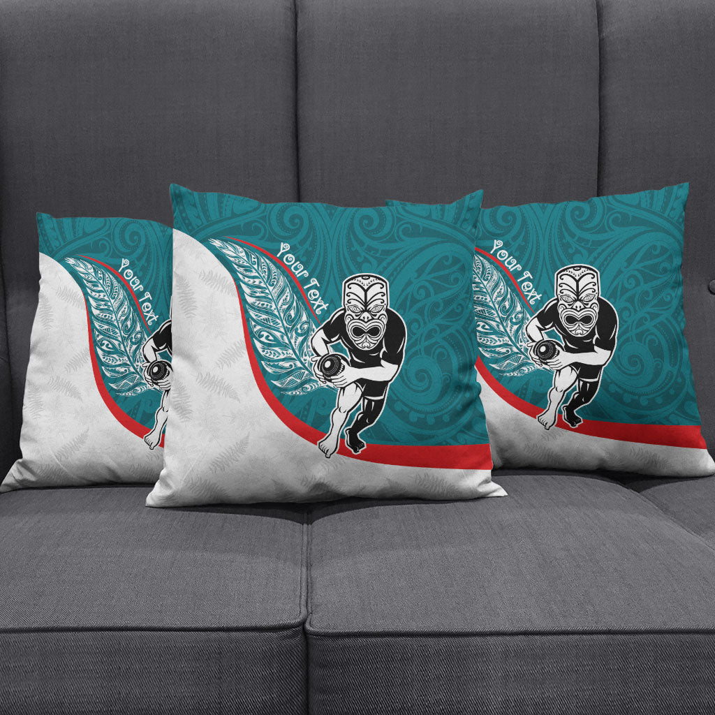 Personalised Aotearoa Lawn Bowls Pillow Cover Maori Warrior and Silver Fern Sporty Style Teal