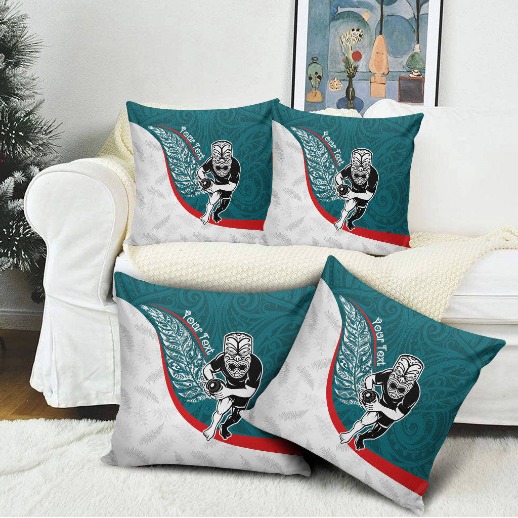 Personalised Aotearoa Lawn Bowls Pillow Cover Maori Warrior and Silver Fern Sporty Style Teal