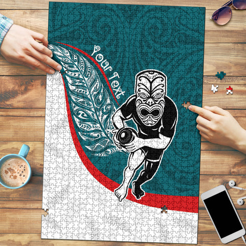 Personalised Aotearoa Lawn Bowls Puzzle Maori Warrior and Silver Fern Sporty Style Teal