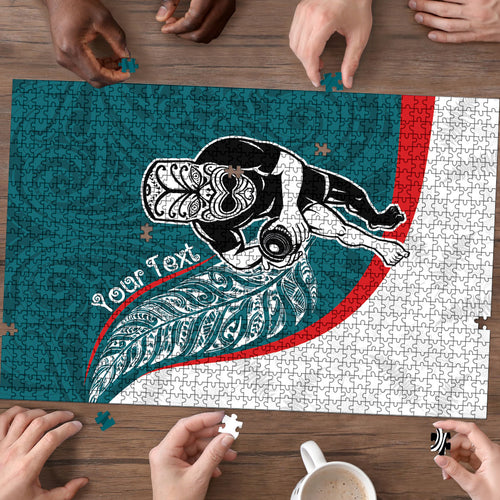 Personalised Aotearoa Lawn Bowls Puzzle Maori Warrior and Silver Fern Sporty Style Teal