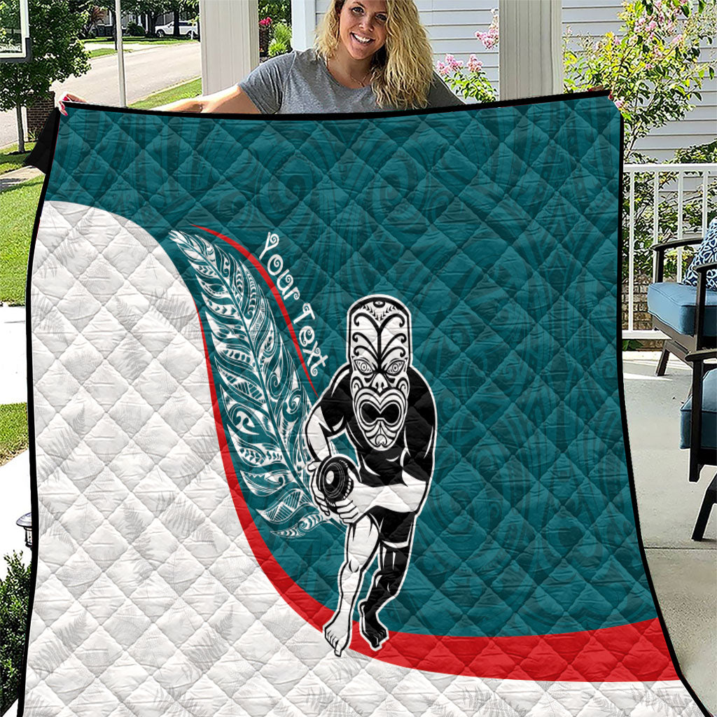Personalised Aotearoa Lawn Bowls Quilt Maori Warrior and Silver Fern Sporty Style Teal