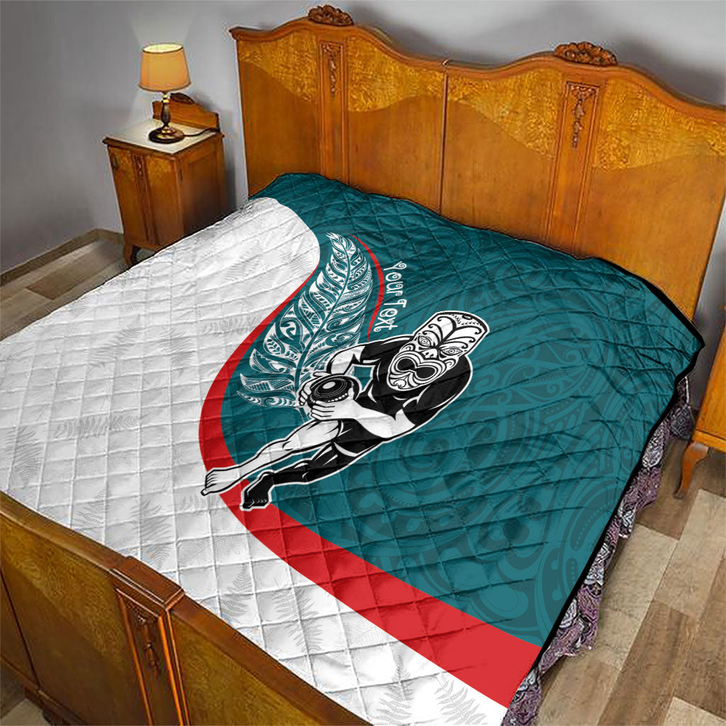 Personalised Aotearoa Lawn Bowls Quilt Maori Warrior and Silver Fern Sporty Style Teal