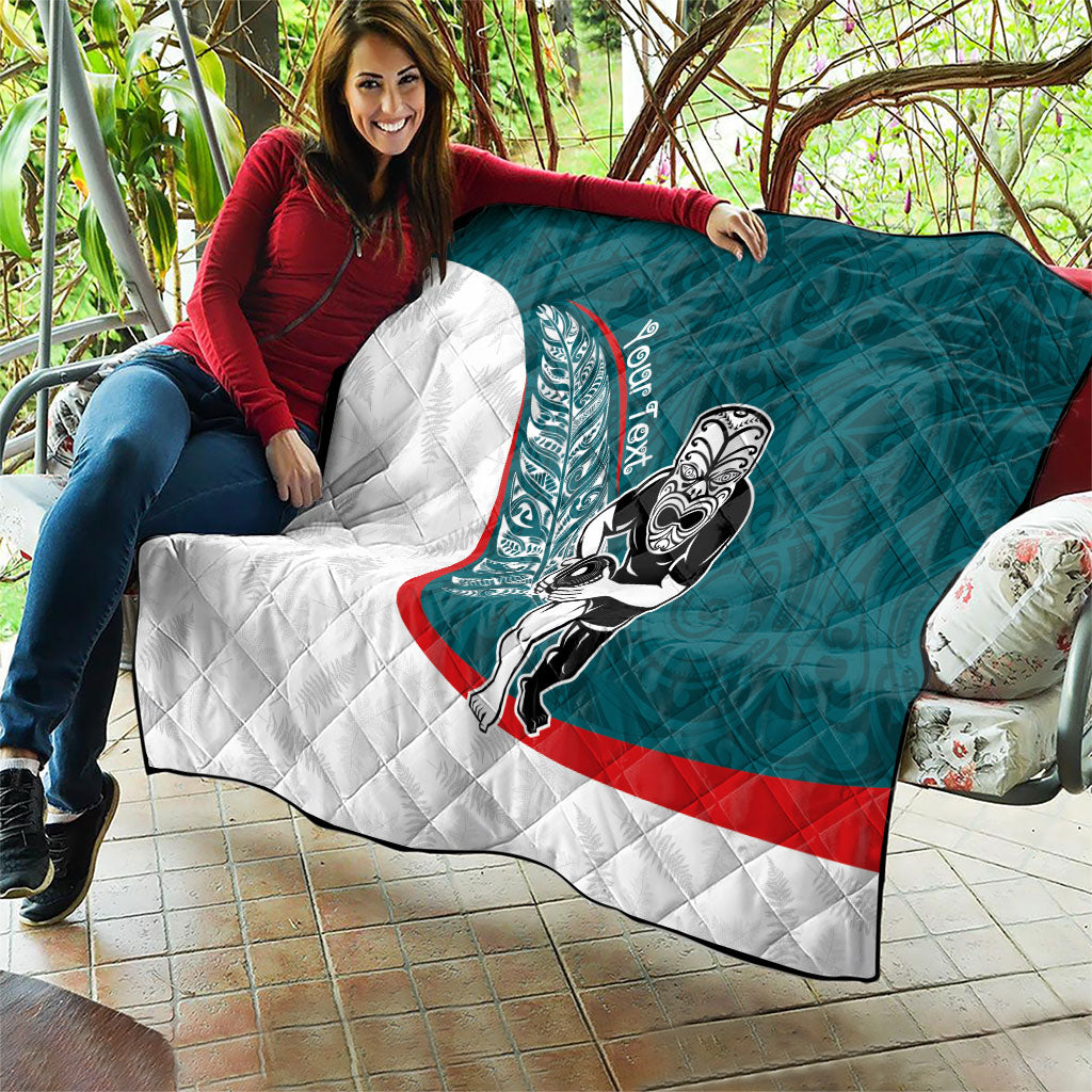 Personalised Aotearoa Lawn Bowls Quilt Maori Warrior and Silver Fern Sporty Style Teal