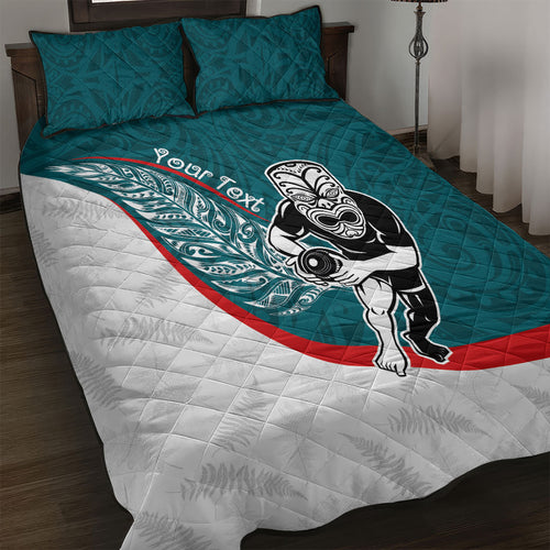 Personalised Aotearoa Lawn Bowls Quilt Bed Set Maori Warrior and Silver Fern Sporty Style Teal