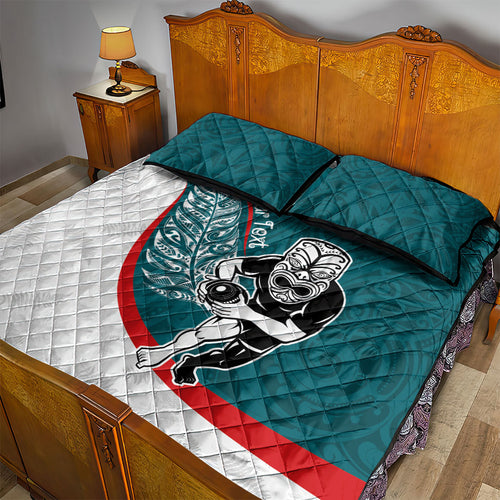 Personalised Aotearoa Lawn Bowls Quilt Bed Set Maori Warrior and Silver Fern Sporty Style Teal