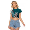 Personalised Aotearoa Lawn Bowls Raglan Cropped T Shirt Maori Warrior and Silver Fern Sporty Style Teal