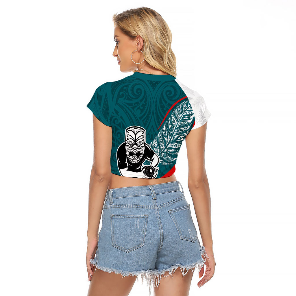Personalised Aotearoa Lawn Bowls Raglan Cropped T Shirt Maori Warrior and Silver Fern Sporty Style Teal