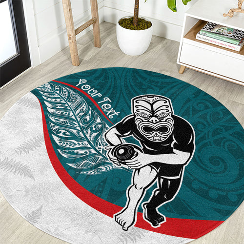 Personalised Aotearoa Lawn Bowls Round Carpet Maori Warrior and Silver Fern Sporty Style Teal
