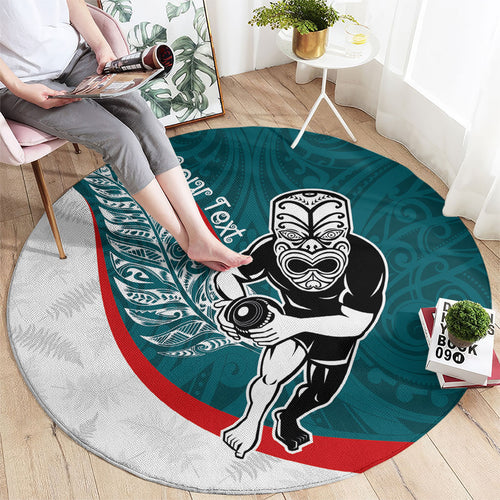 Personalised Aotearoa Lawn Bowls Round Carpet Maori Warrior and Silver Fern Sporty Style Teal