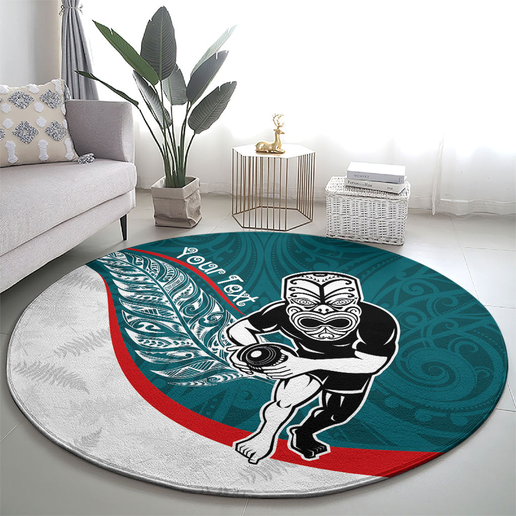Personalised Aotearoa Lawn Bowls Round Carpet Maori Warrior and Silver Fern Sporty Style Teal