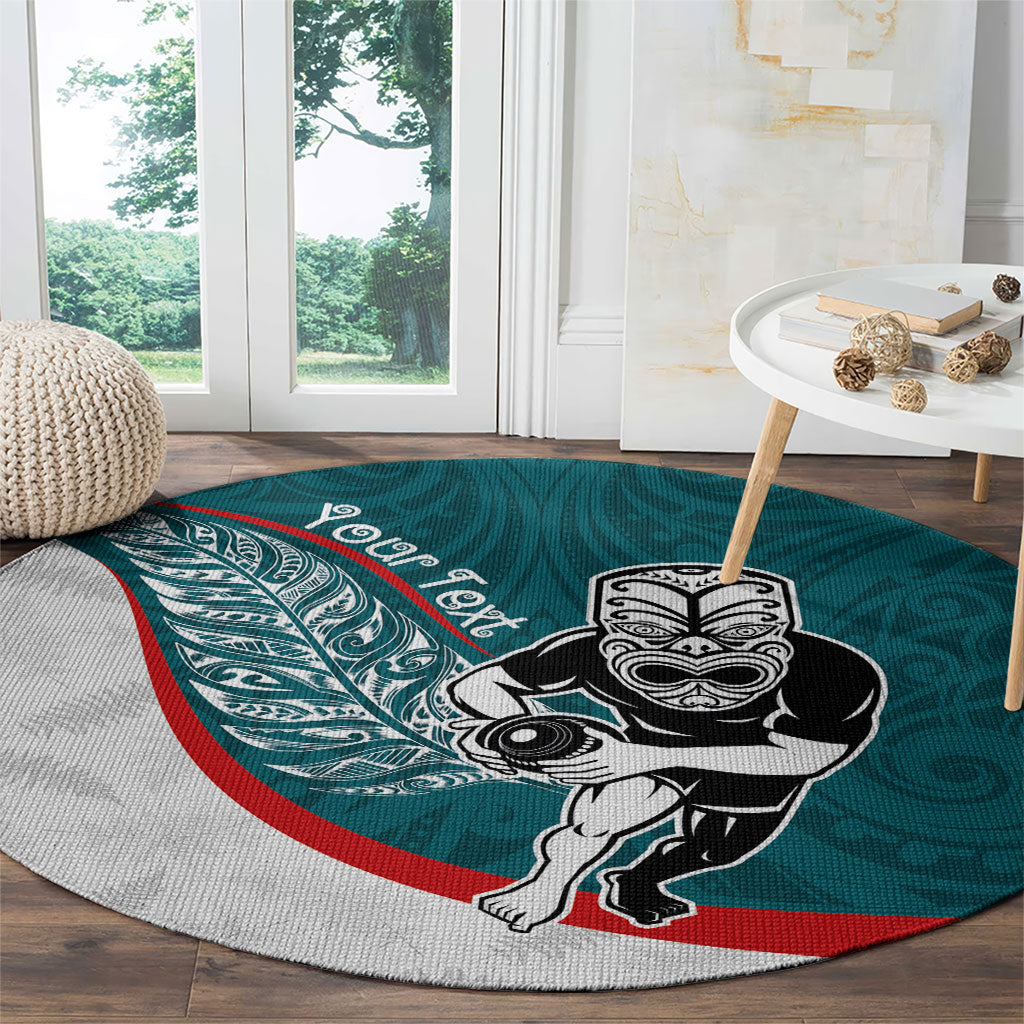 Personalised Aotearoa Lawn Bowls Round Carpet Maori Warrior and Silver Fern Sporty Style Teal