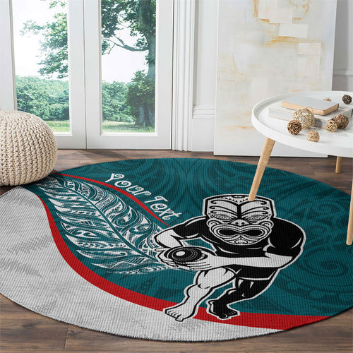 Personalised Aotearoa Lawn Bowls Round Carpet Maori Warrior and Silver Fern Sporty Style Teal
