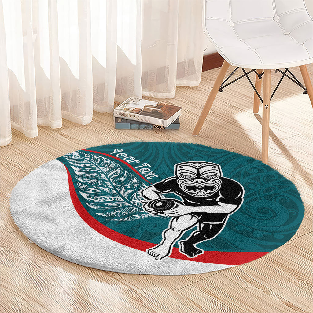 Personalised Aotearoa Lawn Bowls Round Carpet Maori Warrior and Silver Fern Sporty Style Teal