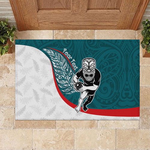 Personalised Aotearoa Lawn Bowls Rubber Doormat Maori Warrior and Silver Fern Sporty Style Teal