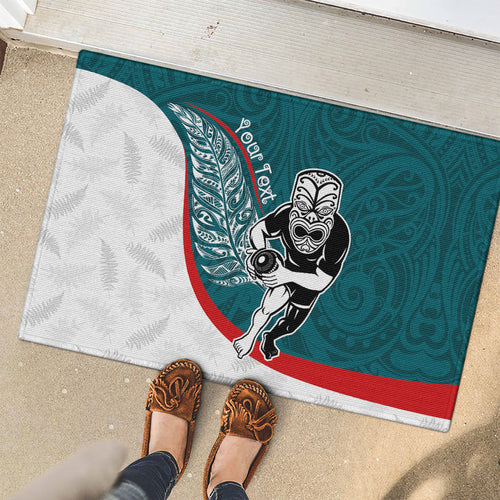 Personalised Aotearoa Lawn Bowls Rubber Doormat Maori Warrior and Silver Fern Sporty Style Teal