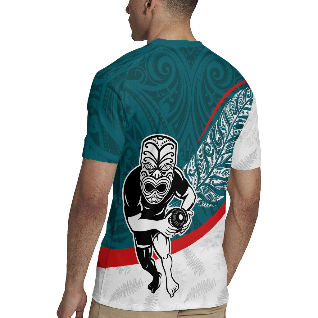 Personalised Aotearoa Lawn Bowls Rugby Jersey Maori Warrior and Silver Fern Sporty Style Teal