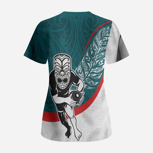 Personalised Aotearoa Lawn Bowls Scrub Top Maori Warrior and Silver Fern Sporty Style Teal