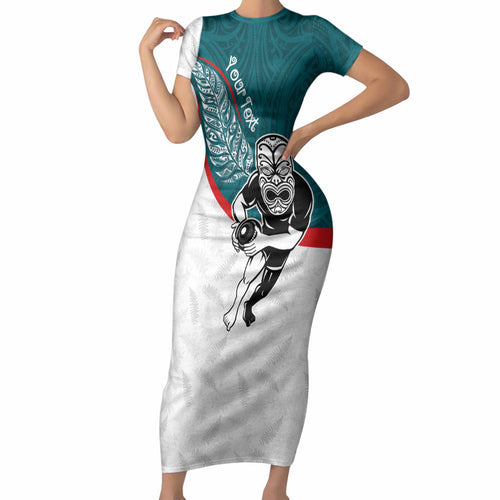 Personalised Aotearoa Lawn Bowls Short Sleeve Bodycon Dress Maori Warrior and Silver Fern Sporty Style Teal
