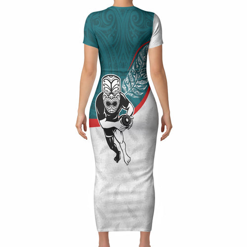 Personalised Aotearoa Lawn Bowls Short Sleeve Bodycon Dress Maori Warrior and Silver Fern Sporty Style Teal