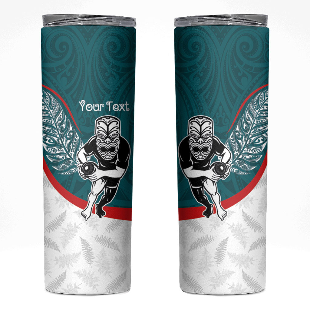 Personalised Aotearoa Lawn Bowls Skinny Tumbler Maori Warrior and Silver Fern Sporty Style Teal