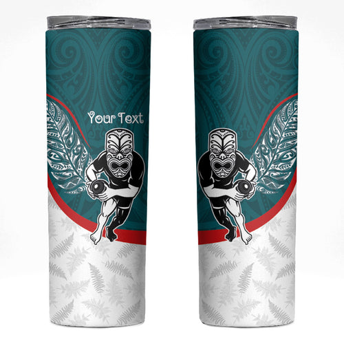 Personalised Aotearoa Lawn Bowls Skinny Tumbler Maori Warrior and Silver Fern Sporty Style Teal