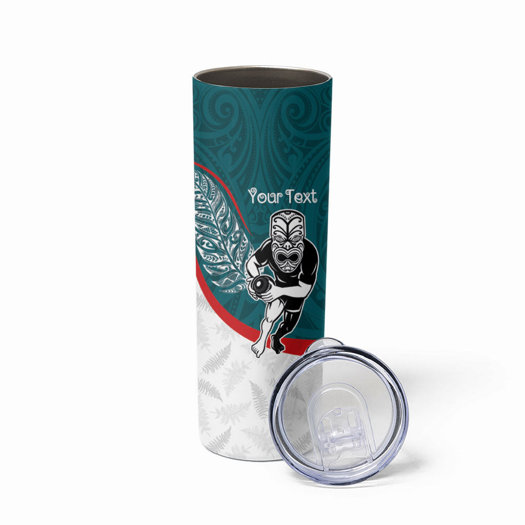 Personalised Aotearoa Lawn Bowls Skinny Tumbler Maori Warrior and Silver Fern Sporty Style Teal