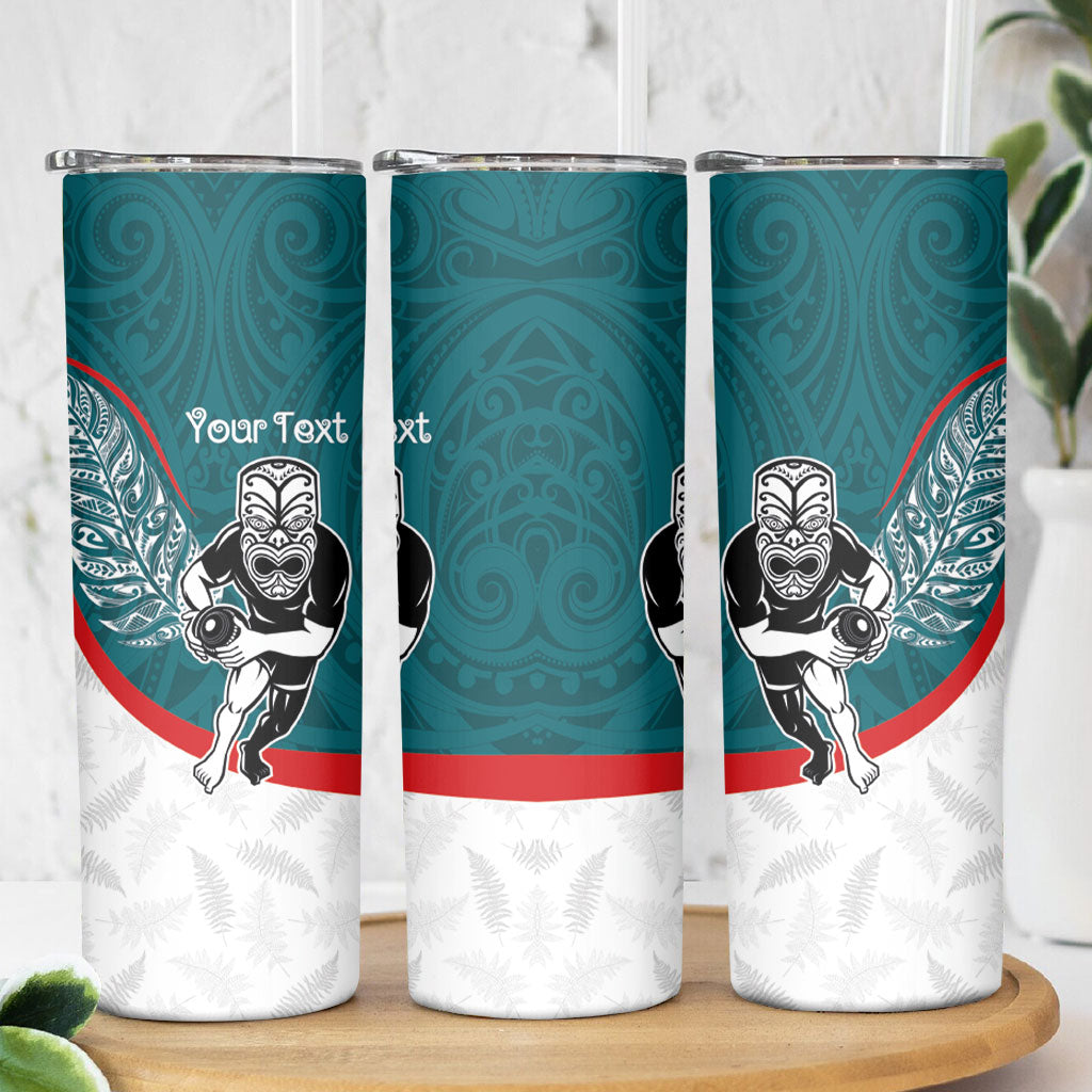 Personalised Aotearoa Lawn Bowls Skinny Tumbler Maori Warrior and Silver Fern Sporty Style Teal