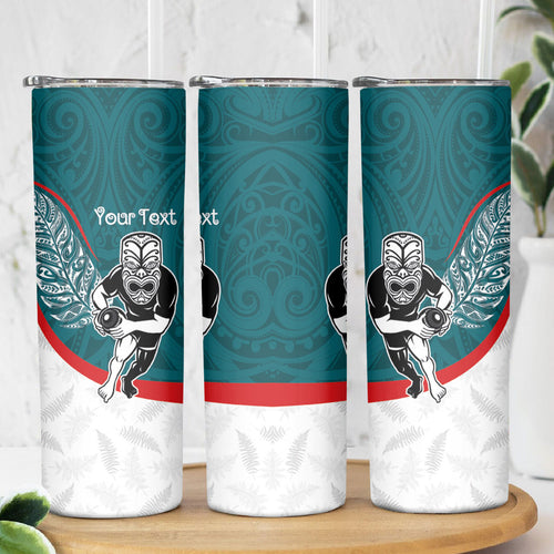 Personalised Aotearoa Lawn Bowls Skinny Tumbler Maori Warrior and Silver Fern Sporty Style Teal