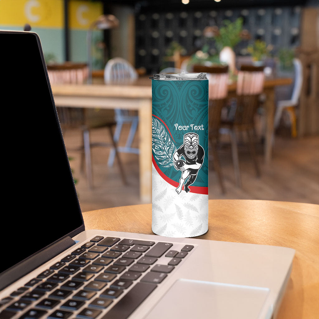 Personalised Aotearoa Lawn Bowls Skinny Tumbler Maori Warrior and Silver Fern Sporty Style Teal