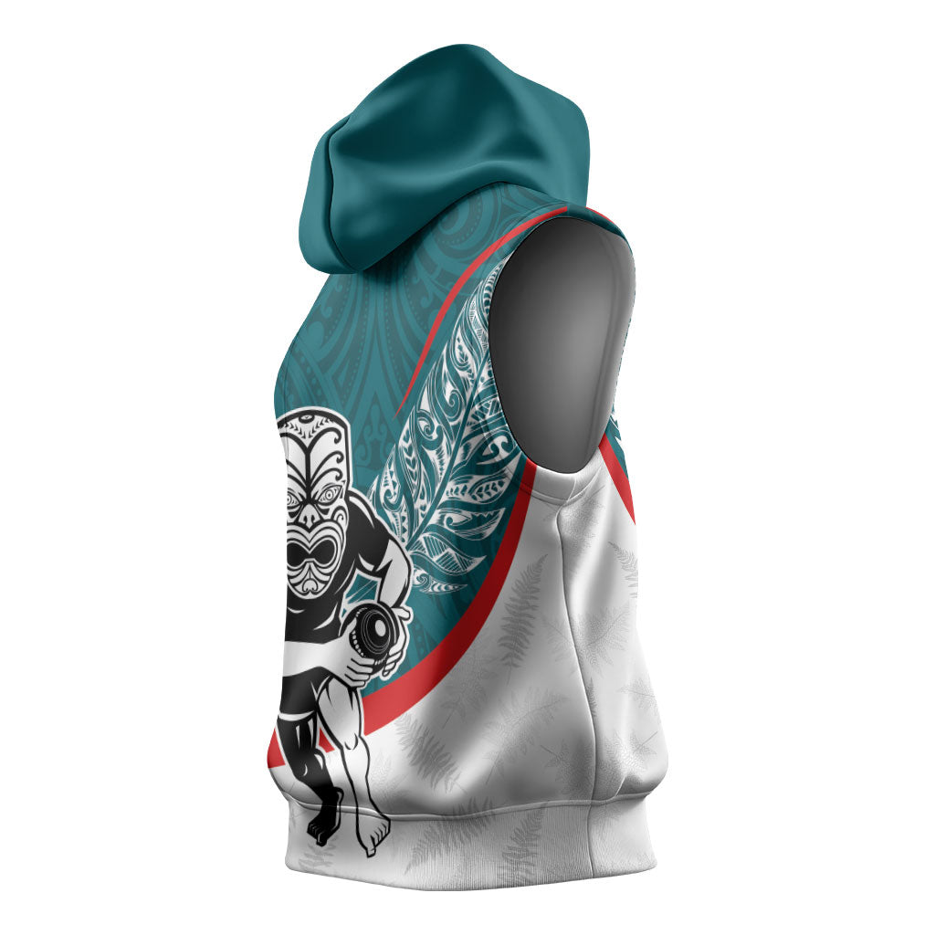 Personalised Aotearoa Lawn Bowls Sleeveless Hoodie Maori Warrior and Silver Fern Sporty Style Teal
