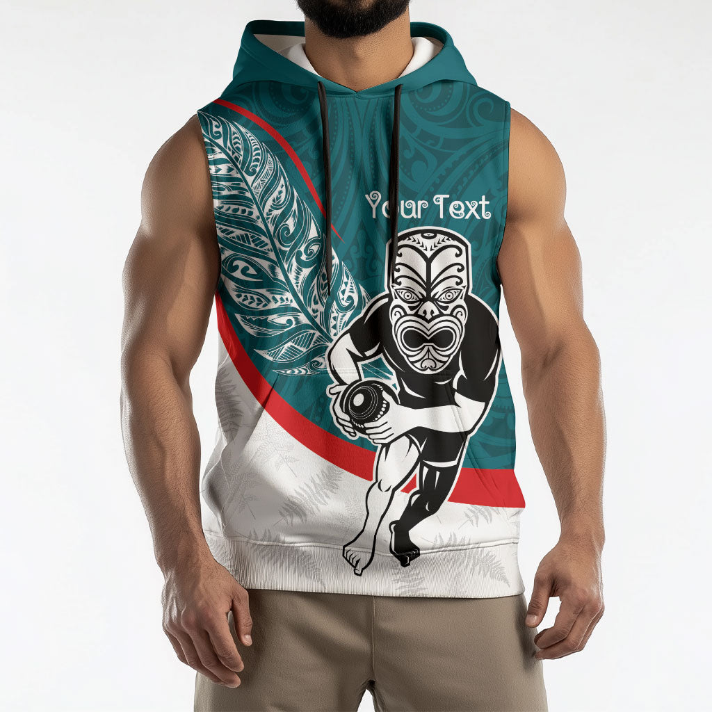 Personalised Aotearoa Lawn Bowls Sleeveless Hoodie Maori Warrior and Silver Fern Sporty Style Teal
