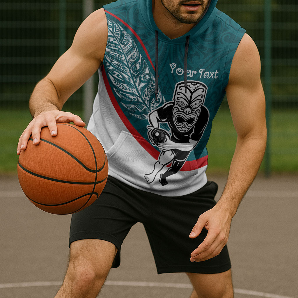 Personalised Aotearoa Lawn Bowls Sleeveless Hoodie Maori Warrior and Silver Fern Sporty Style Teal