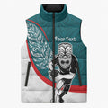 Personalised Aotearoa Lawn Bowls Sleeveless Puffer Jacket Maori Warrior and Silver Fern Sporty Style Teal