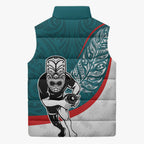 Personalised Aotearoa Lawn Bowls Sleeveless Puffer Jacket Maori Warrior and Silver Fern Sporty Style Teal