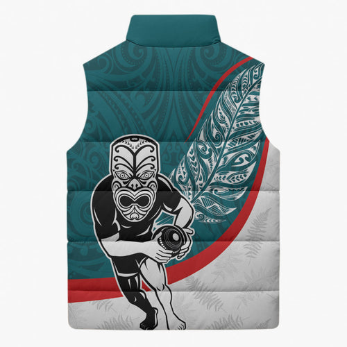 Personalised Aotearoa Lawn Bowls Sleeveless Puffer Jacket Maori Warrior and Silver Fern Sporty Style Teal