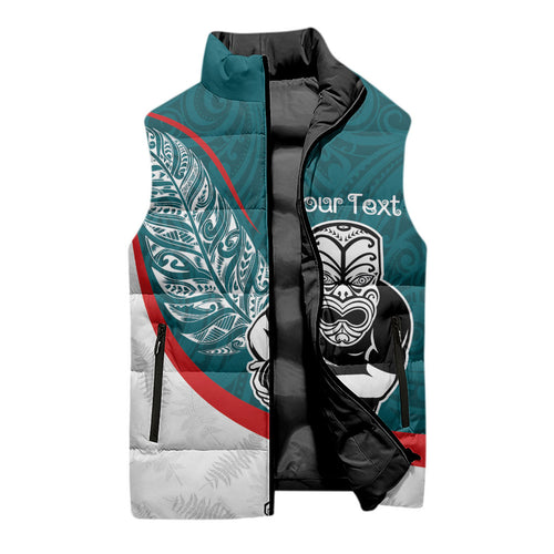 Personalised Aotearoa Lawn Bowls Sleeveless Puffer Jacket Maori Warrior and Silver Fern Sporty Style Teal