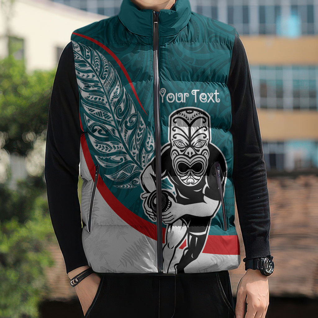 Personalised Aotearoa Lawn Bowls Sleeveless Puffer Jacket Maori Warrior and Silver Fern Sporty Style Teal