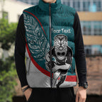 Personalised Aotearoa Lawn Bowls Sleeveless Puffer Jacket Maori Warrior and Silver Fern Sporty Style Teal