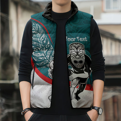 Personalised Aotearoa Lawn Bowls Sleeveless Puffer Jacket Maori Warrior and Silver Fern Sporty Style Teal