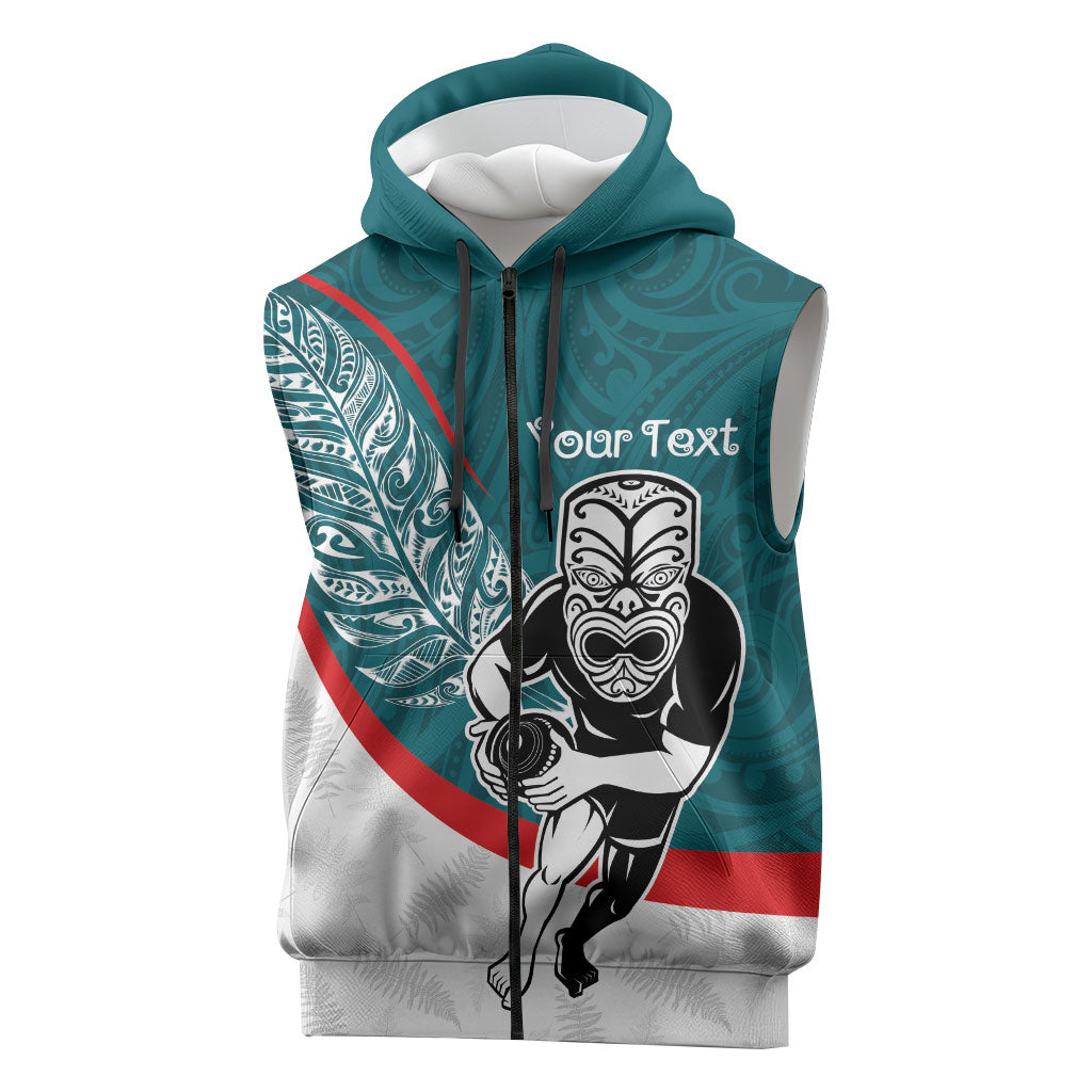 Personalised Aotearoa Lawn Bowls Sleeveless Zip Hoodie Maori Warrior and Silver Fern Sporty Style Teal