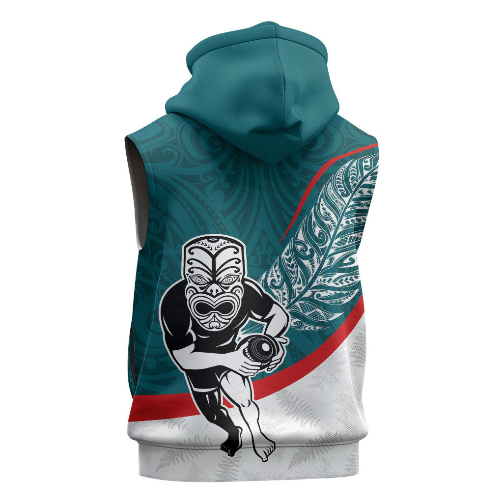 Personalised Aotearoa Lawn Bowls Sleeveless Zip Hoodie Maori Warrior and Silver Fern Sporty Style Teal