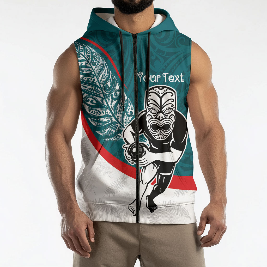 Personalised Aotearoa Lawn Bowls Sleeveless Zip Hoodie Maori Warrior and Silver Fern Sporty Style Teal