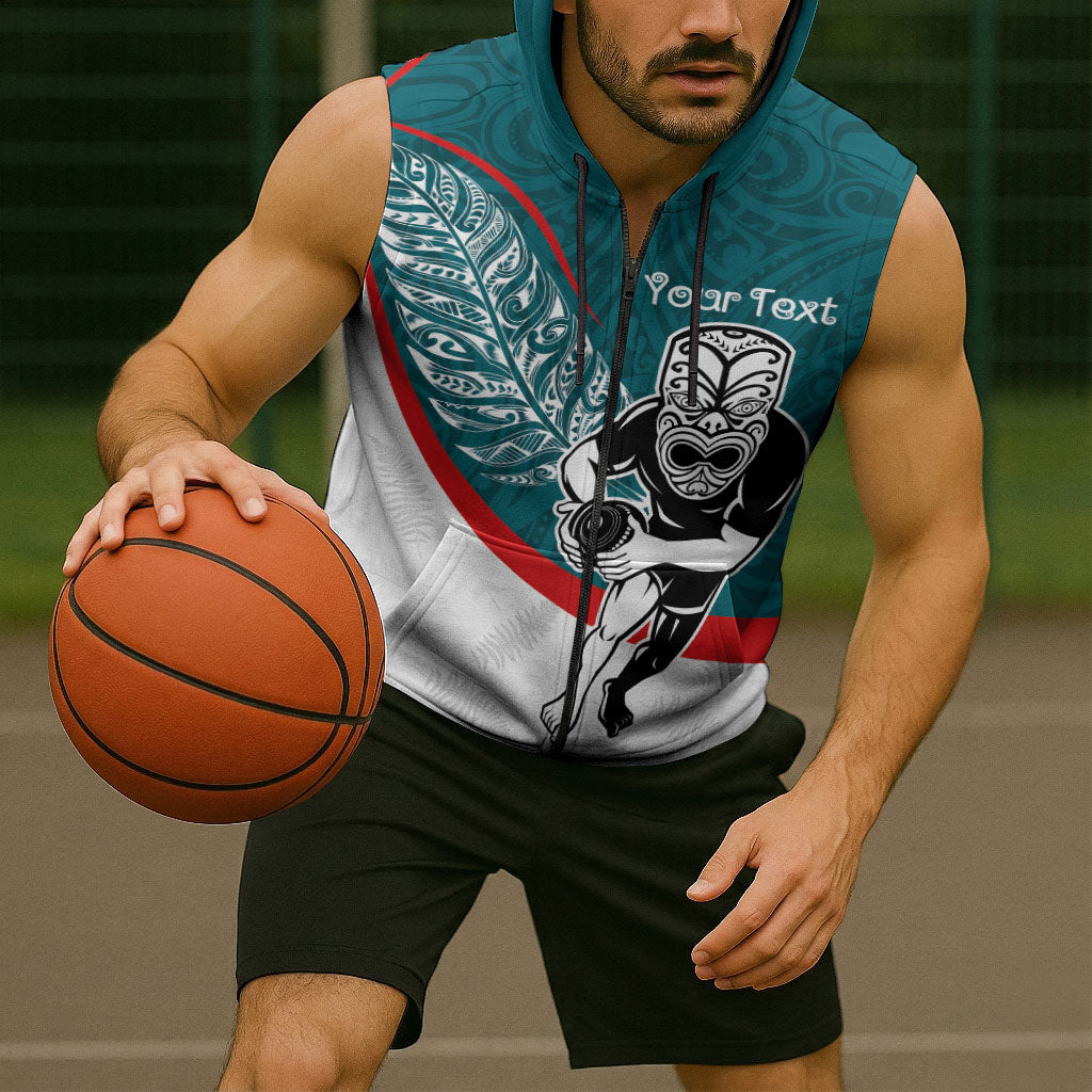 Personalised Aotearoa Lawn Bowls Sleeveless Zip Hoodie Maori Warrior and Silver Fern Sporty Style Teal