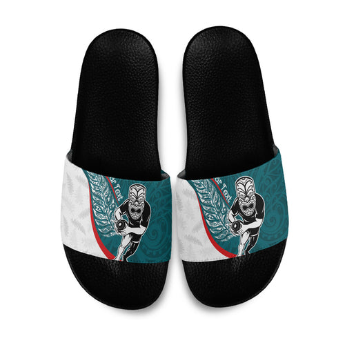 Personalised Aotearoa Lawn Bowls Slide Sandals Maori Warrior and Silver Fern Sporty Style Teal