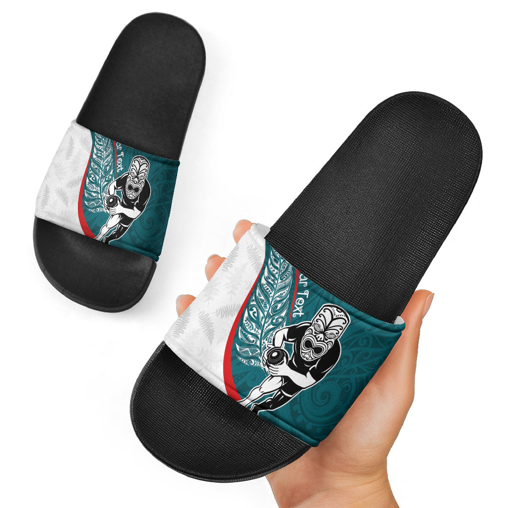 Personalised Aotearoa Lawn Bowls Slide Sandals Maori Warrior and Silver Fern Sporty Style Teal