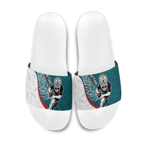 Personalised Aotearoa Lawn Bowls Slide Sandals Maori Warrior and Silver Fern Sporty Style Teal