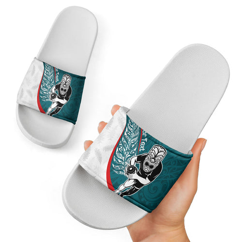 Personalised Aotearoa Lawn Bowls Slide Sandals Maori Warrior and Silver Fern Sporty Style Teal