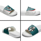 Personalised Aotearoa Lawn Bowls Slide Sandals Maori Warrior and Silver Fern Sporty Style Teal