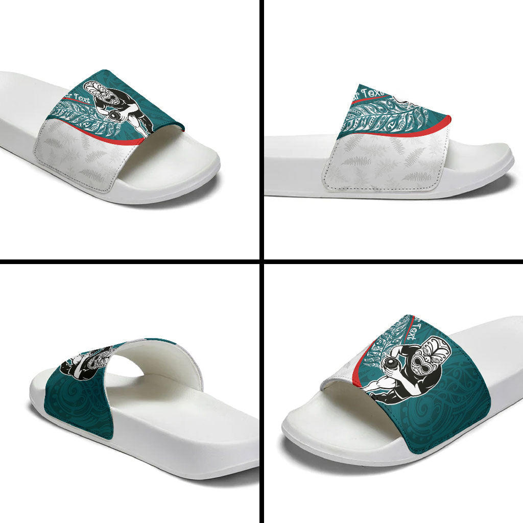 Personalised Aotearoa Lawn Bowls Slide Sandals Maori Warrior and Silver Fern Sporty Style Teal
