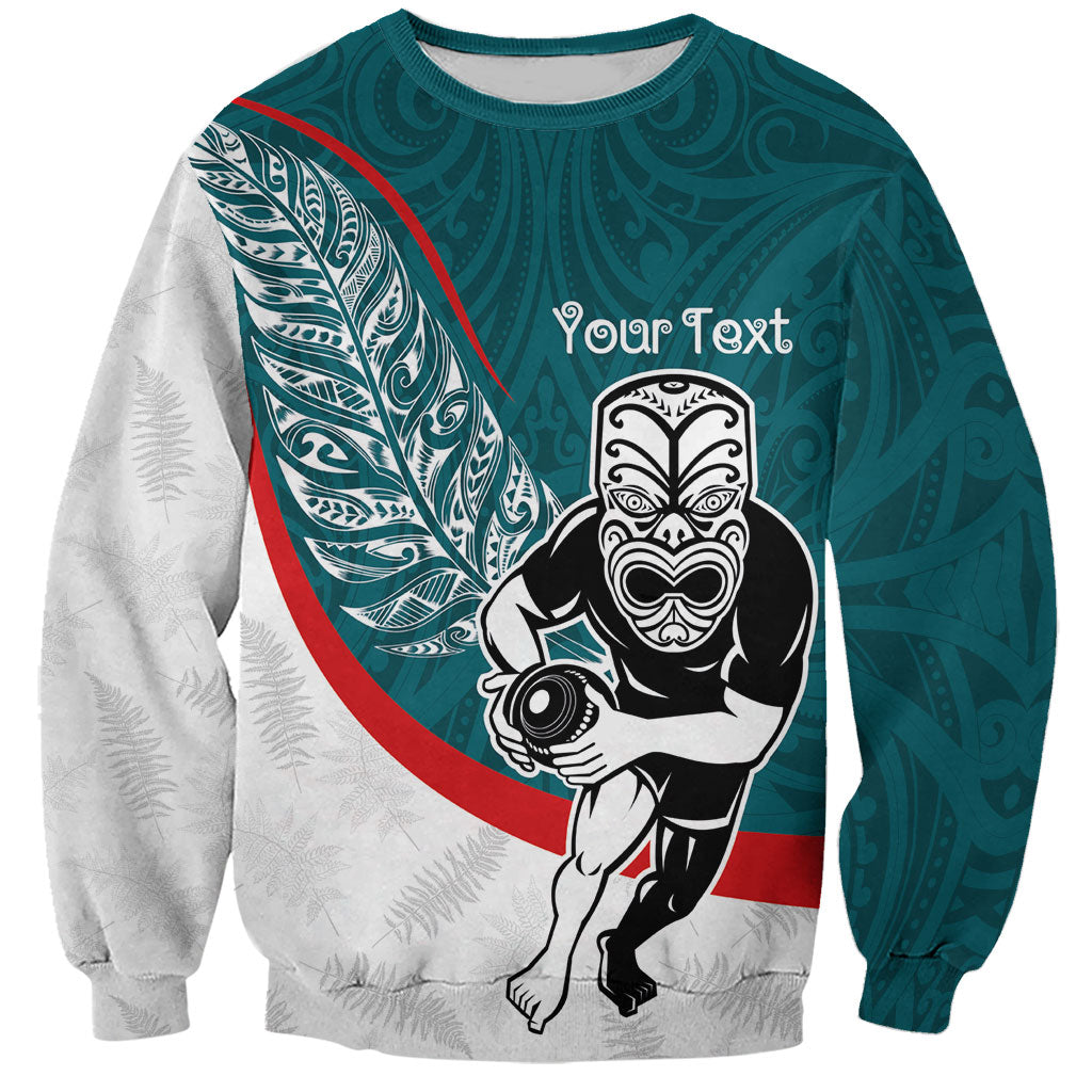 Personalised Aotearoa Lawn Bowls Sweatshirt Maori Warrior and Silver Fern Sporty Style Teal